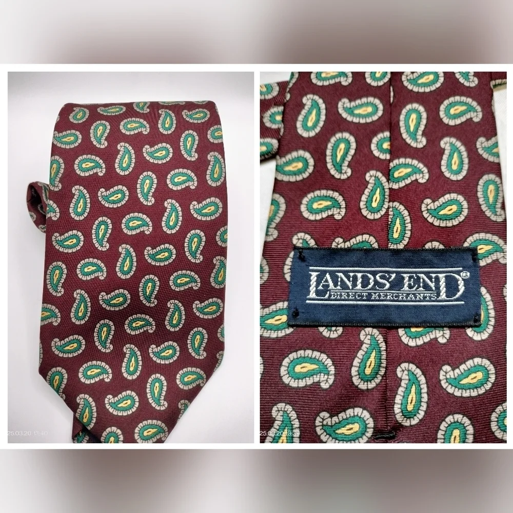 LANDS' END Debonaire Burgundy Green Gray Paisley Men's Silk Neck Tie